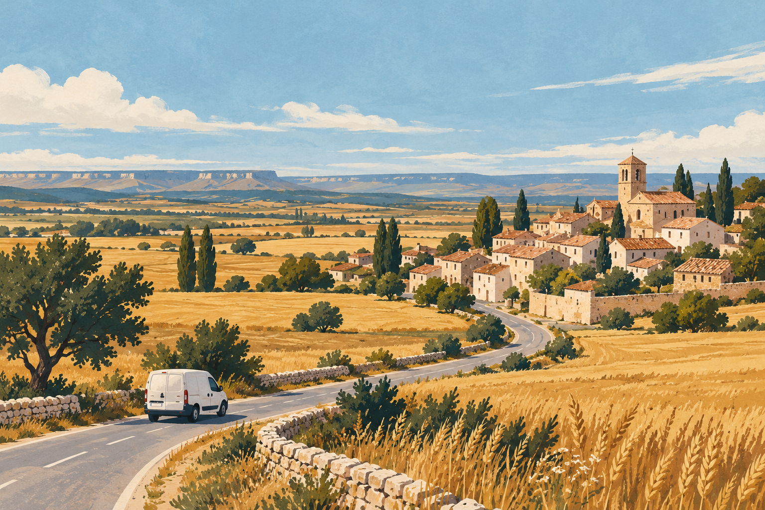 Ilustración d'una furgoneta de repartu per un camín ente campos de trigu hacia un pueblu castellanu.